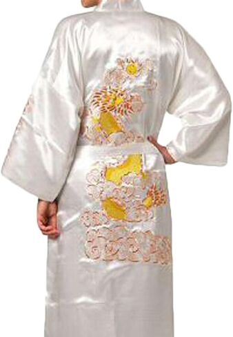 Chinese Men's Silk Satin Embroider Kimono Robe Gown Dragon (White, XXXL) in Saudi Arabia