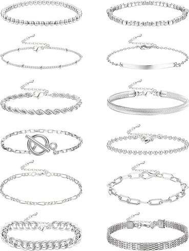 مجموعة أساور سلسلة ذهبية 12 قطعة من Fansilver للنساء، أساور سلسلة ربط مطلية بالذهب عيار 14 قيراط، أساور بوهو قابلة للتكديس، مشبك ورق، سوار الكفة الكوبية، مجموعة أساور سلسلة ربط مطرزة بطبقات in Kuwait