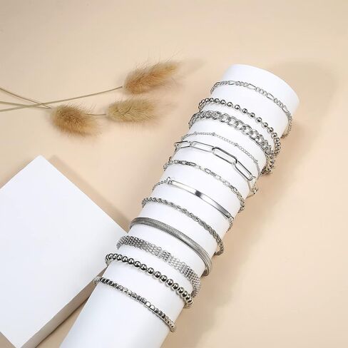 مجموعة أساور سلسلة ذهبية 12 قطعة من Fansilver للنساء، أساور سلسلة ربط مطلية بالذهب عيار 14 قيراط، أساور بوهو قابلة للتكديس، مشبك ورق، سوار الكفة الكوبية، مجموعة أساور سلسلة ربط مطرزة بطبقات in Kuwait