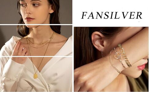 مجموعة أساور سلسلة ذهبية 12 قطعة من Fansilver للنساء، أساور سلسلة ربط مطلية بالذهب عيار 14 قيراط، أساور بوهو قابلة للتكديس، مشبك ورق، سوار الكفة الكوبية، مجموعة أساور سلسلة ربط مطرزة بطبقات in Kuwait