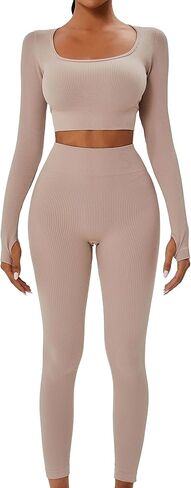 FINETOO مجموعات تجريب للنساء 2 قطعة ملابس اليوغا طويلة الأكمام سلس مضلع المحاصيل الأعلى عالية الخصر يغطي الرجل XS-L in Kuwait