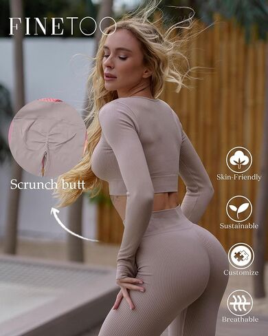 FINETOO مجموعات تجريب للنساء 2 قطعة ملابس اليوغا طويلة الأكمام سلس مضلع المحاصيل الأعلى عالية الخصر يغطي الرجل XS-L in Kuwait