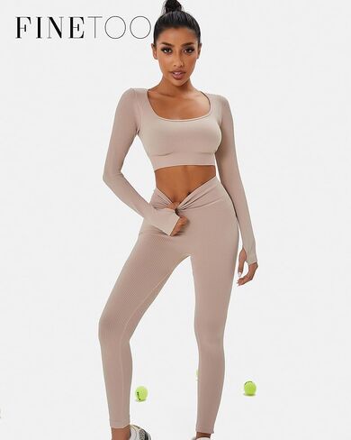 FINETOO مجموعات تجريب للنساء 2 قطعة ملابس اليوغا طويلة الأكمام سلس مضلع المحاصيل الأعلى عالية الخصر يغطي الرجل XS-L in Kuwait