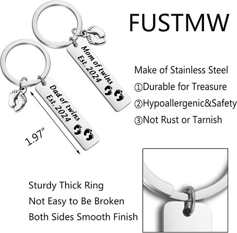 FUSTMW Parents of Twins Gifts Dad Mom of Twins Est 2024 Keychain Set Twins Mom Dad Gifts Expecting Parents Gifts in Saudi Arabia