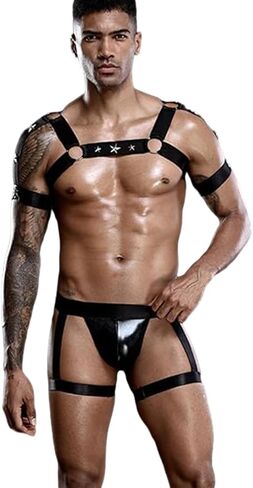 Evankin Men's Sexy and Fun Underwear Sets Thong U Convex Pouch Underpants Leather Chest Straps Garter Belts Lingerie(black) in Saudi Arabia
