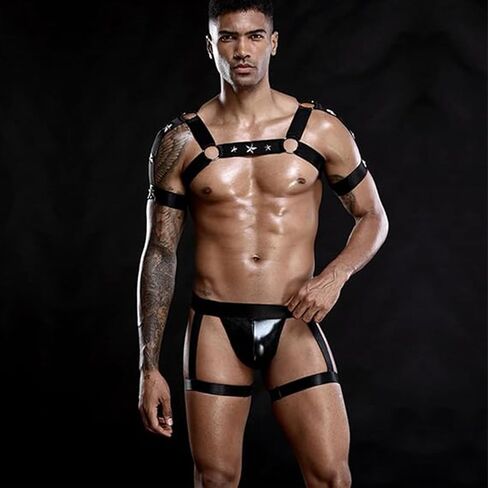 Evankin Men's Sexy and Fun Underwear Sets Thong U Convex Pouch Underpants Leather Chest Straps Garter Belts Lingerie(black) in Saudi Arabia
