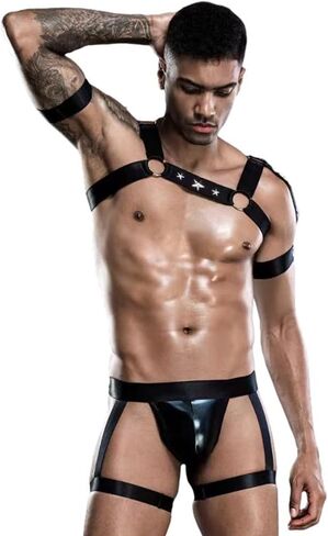 Evankin Men's Sexy and Fun Underwear Sets Thong U Convex Pouch Underpants Leather Chest Straps Garter Belts Lingerie(black) in Saudi Arabia