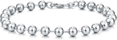 Dacc & Aya Solid Silver Bead Ball Strand Chain Bracelet for Men Boys, 4MM, 6MM, 8MM, Military Ball Bead Chain Bracelet for Women with Lobster Clasp, Oxidized or Shiny, Unisex Silver Chain, 7-9 Inch in Kuwait