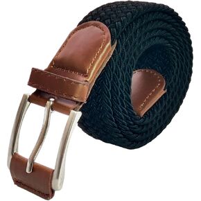 BUMA Men's Stretch Woven Braided Belt 1 3/8 for Golf and Casual - Leather Buckle