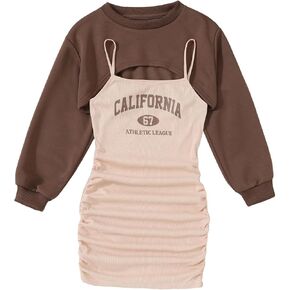 COZYEASE Girls' 2 Piece Outfits Letter Graphic Long Sleeve Pullover Crop Top and Ruched Cami Dress Set in Saudi Arabia