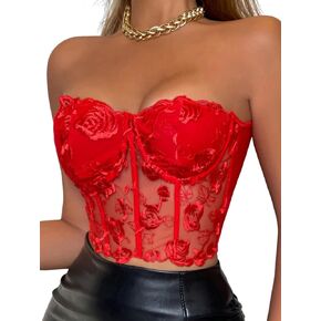 SHENHE Women's Lace Strapless Floral Embroidery Sexy Bustier Fitted Crop Tube Top