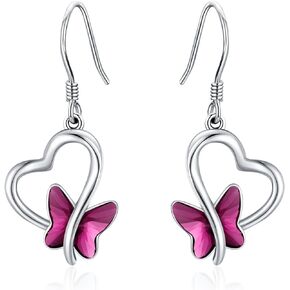 Twoowl Butterfly Earrings 925 Sterling Silver Heart Butterfly Dangle Drop Earrings with Crystal Moonstone/Opal Jewelry Gifts for Women Girls