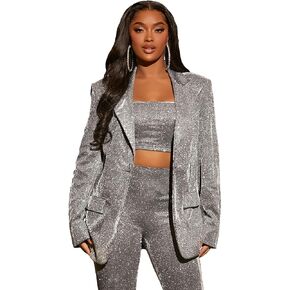 WDIRARA Women's Glitter Sequin Blazer Jacket Lapel Neck Long Sleeve Sparkly Party Blazers Outerwear