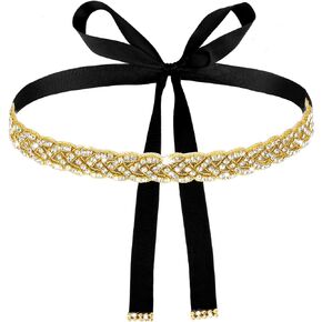 Andibro Handmade Rhinestone Bridal Belt, Gold Bridal Wedding Dress Sash Trim Crystal Belt With Ribbons for Bridal Gowns