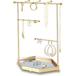 Gold Stainless Steel Jewelry Organizer Tree with Mirror Tray | Elegant Mirror Tray | Chic Earring & Accessory Stand | Ideal for Bracelets & Necklaces | Exquisite Tower Display | 9''x5''x11.5''" (Gold) in Saudi Arabia