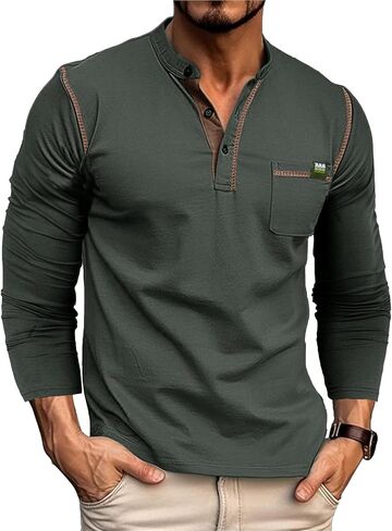 Mens Casual Henley Shirts Cotton T Shirts Long Sleeve Fashion Tops Lightweight Pullover in Saudi Arabia