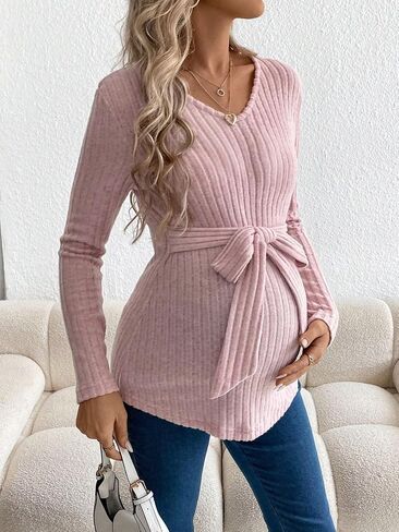 تي شيرت حريمي من COZYEASE متماسك ومضلع بحزام ورقبة على شكل حرف V وأكمام طويلة بلوزات ناعمة للحوامل in Saudi Arabia