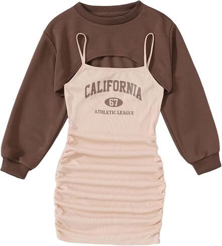 COZYEASE Girls' 2 Piece Outfits Letter Graphic Long Sleeve Pullover Crop Top and Ruched Cami Dress Set in Saudi Arabia