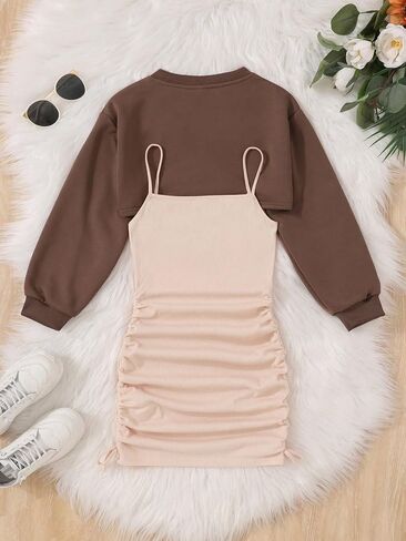 COZYEASE Girls' 2 Piece Outfits Letter Graphic Long Sleeve Pullover Crop Top and Ruched Cami Dress Set in Saudi Arabia