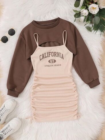 COZYEASE Girls' 2 Piece Outfits Letter Graphic Long Sleeve Pullover Crop Top and Ruched Cami Dress Set in Saudi Arabia
