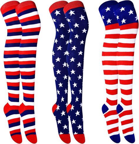 Vicenpal 3 Pairs American Flag Socks For Men Women USA Socks 4th July Socks Long Striped Stars Patriotic Socks High over Knee Funny Novelty Socks Freedom Day Gifts for Girls Wedding Christmas in Saudi Arabia