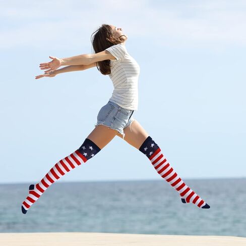 Vicenpal 3 Pairs American Flag Socks For Men Women USA Socks 4th July Socks Long Striped Stars Patriotic Socks High over Knee Funny Novelty Socks Freedom Day Gifts for Girls Wedding Christmas in Saudi Arabia