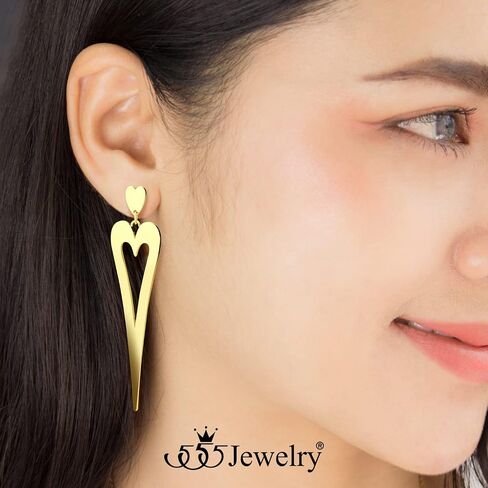 555Jewelry أقراط قلب متدلية طويلة من الفولاذ المقاوم للصدأ للنساء والفتيات in Kuwait