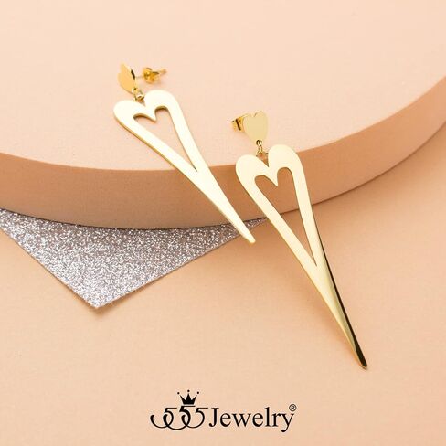 555Jewelry أقراط قلب متدلية طويلة من الفولاذ المقاوم للصدأ للنساء والفتيات in Kuwait