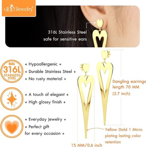 555Jewelry أقراط قلب متدلية طويلة من الفولاذ المقاوم للصدأ للنساء والفتيات in Kuwait