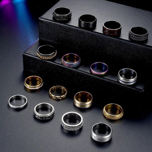 Fansilver 16 قطعة من حلقات التململ المصنوعة من الفولاذ المقاوم للصدأ للرجال والنساء والفضة والذهب الأسود وحلقات رجالية رائعة وحلقات سلسلة دوارة وحلقات قلق عصرية مقاس 7-13 in Kuwait