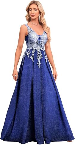 فساتين حفلة موسيقية لامعة من FuzhBeii للنساء مزينة بالدانتيل ورقبة على شكل حرف V فستان سهرة رسمي طويل مع جيوب P035 in Kuwait