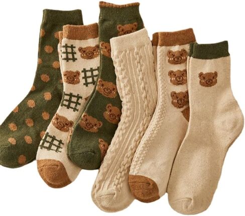Tooe Women's Kawaii Bear Cotton Socks 6Pairs Coquettish Vintage Crew Socks Cute Warm Casual Socks Fairycore Socking in Saudi Arabia