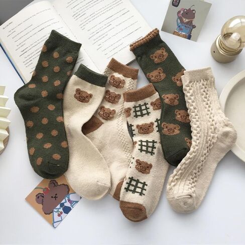 Tooe Women's Kawaii Bear Cotton Socks 6Pairs Coquettish Vintage Crew Socks Cute Warm Casual Socks Fairycore Socking in Saudi Arabia