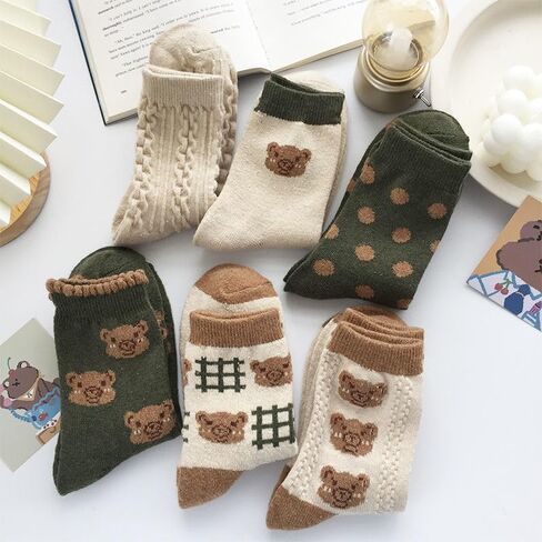 Tooe Women's Kawaii Bear Cotton Socks 6Pairs Coquettish Vintage Crew Socks Cute Warm Casual Socks Fairycore Socking in Saudi Arabia
