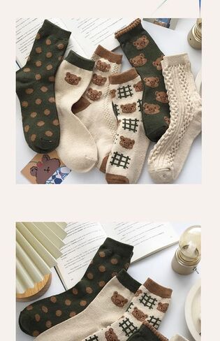 Tooe Women's Kawaii Bear Cotton Socks 6Pairs Coquettish Vintage Crew Socks Cute Warm Casual Socks Fairycore Socking in Saudi Arabia