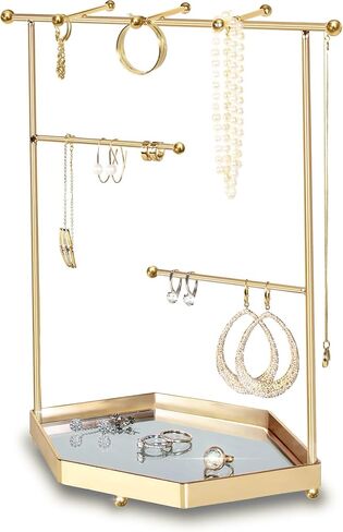 Gold Stainless Steel Jewelry Organizer Tree with Mirror Tray | Elegant Mirror Tray | Chic Earring & Accessory Stand | Ideal for Bracelets & Necklaces | Exquisite Tower Display | 9''x5''x11.5''" (Gold) in Saudi Arabia