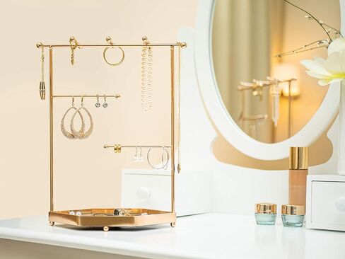 Gold Stainless Steel Jewelry Organizer Tree with Mirror Tray | Elegant Mirror Tray | Chic Earring & Accessory Stand | Ideal for Bracelets & Necklaces | Exquisite Tower Display | 9''x5''x11.5''" (Gold) in Saudi Arabia