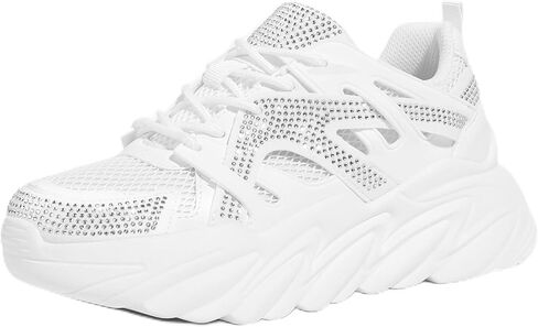LUCKY STEP Women's Chunky Rhinestone Fashion Sneakers | Sparkly Platform Thick Dad Rave Mesh Walking Shoes in Saudi Arabia