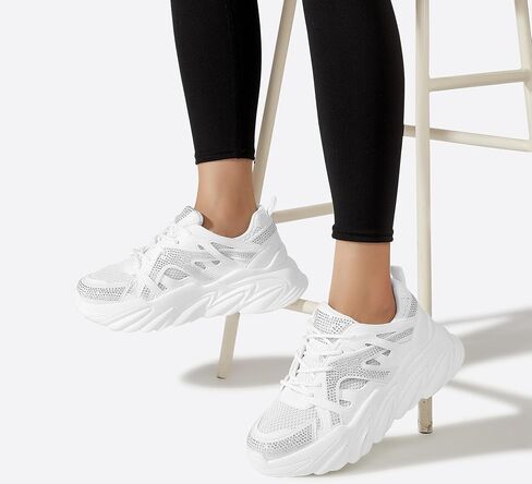 LUCKY STEP Women's Chunky Rhinestone Fashion Sneakers | Sparkly Platform Thick Dad Rave Mesh Walking Shoes in Saudi Arabia
