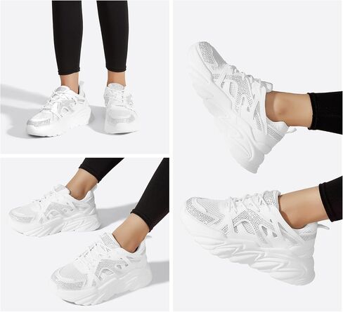 LUCKY STEP Women's Chunky Rhinestone Fashion Sneakers | Sparkly Platform Thick Dad Rave Mesh Walking Shoes in Saudi Arabia