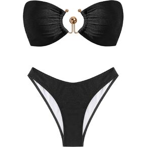 ZAFUL Womens Bandeau Bikini Set Metallic Sparkly O Ring Lace Up High Cut Tanga Sexy Bathing Suit Swimwear in Saudi Arabia