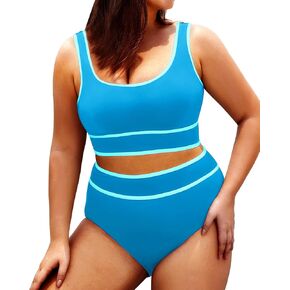 Aqua Eve Plus Size High Waisted Bikini Sets Two Piece Color Block Swimsuits Full Coverage Bikini Sporty Bathing Suits