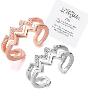 RINHOO To My Daughter حلقة ملهمة للارتفاعات والانخفاضات، حلقة نمط موجة مفتوحة قابلة للتعديل مطلية بالذهب عيار 14 قيراط مع زركون مرصع صغير للابنة في ابنة منخفضة الخطوة in Kuwait