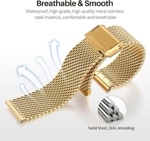 BERNY Stainless Steel Mesh Watch Band for Men Women, Quick Release Adjustable Milanese Watch Straps, Solid Metal Watch Bracelet with Double Safety Clasp Gold Blue in Saudi Arabia