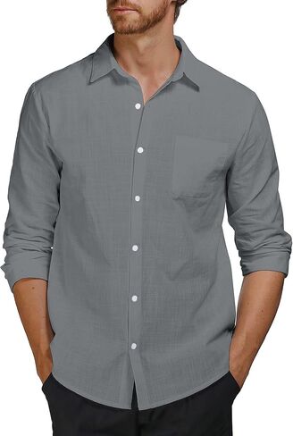 قمصان AUDATE للرجال من القطن والكتان، قمصان كاجوال بأزرار سفلية، قمصان ذات مقاس عادي وأكمام طويلة in Kuwait