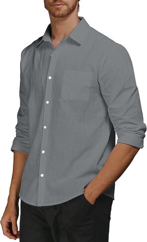 قمصان AUDATE للرجال من القطن والكتان، قمصان كاجوال بأزرار سفلية، قمصان ذات مقاس عادي وأكمام طويلة in Kuwait