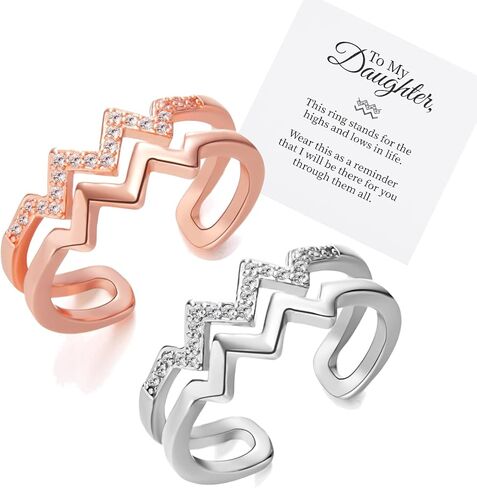RINHOO To My Daughter حلقة ملهمة للارتفاعات والانخفاضات، حلقة نمط موجة مفتوحة قابلة للتعديل مطلية بالذهب عيار 14 قيراط مع زركون مرصع صغير للابنة في ابنة منخفضة الخطوة in Kuwait