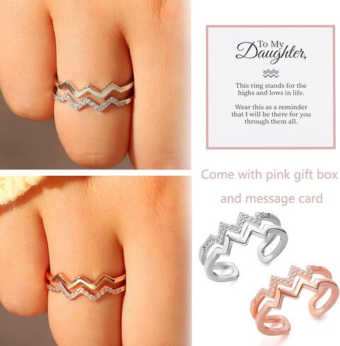RINHOO To My Daughter حلقة ملهمة للارتفاعات والانخفاضات، حلقة نمط موجة مفتوحة قابلة للتعديل مطلية بالذهب عيار 14 قيراط مع زركون مرصع صغير للابنة في ابنة منخفضة الخطوة in Kuwait