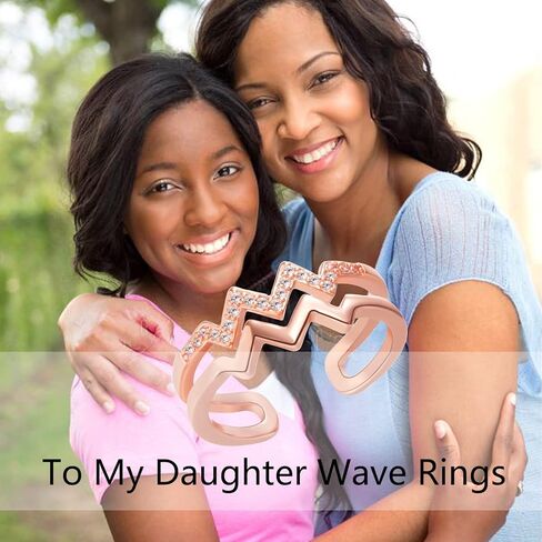 RINHOO To My Daughter حلقة ملهمة للارتفاعات والانخفاضات، حلقة نمط موجة مفتوحة قابلة للتعديل مطلية بالذهب عيار 14 قيراط مع زركون مرصع صغير للابنة في ابنة منخفضة الخطوة in Kuwait