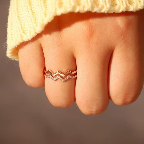 RINHOO To My Daughter حلقة ملهمة للارتفاعات والانخفاضات، حلقة نمط موجة مفتوحة قابلة للتعديل مطلية بالذهب عيار 14 قيراط مع زركون مرصع صغير للابنة في ابنة منخفضة الخطوة in Kuwait